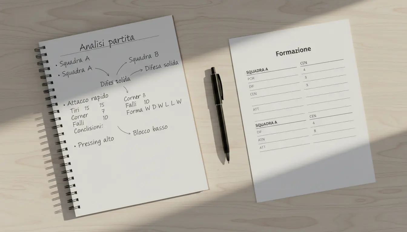 Appunti scritti a mano con analisi di una partita di calcio e penna