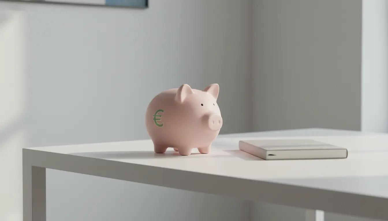 Salvadanaio con simbolo dell'euro e blocco note su una scrivania