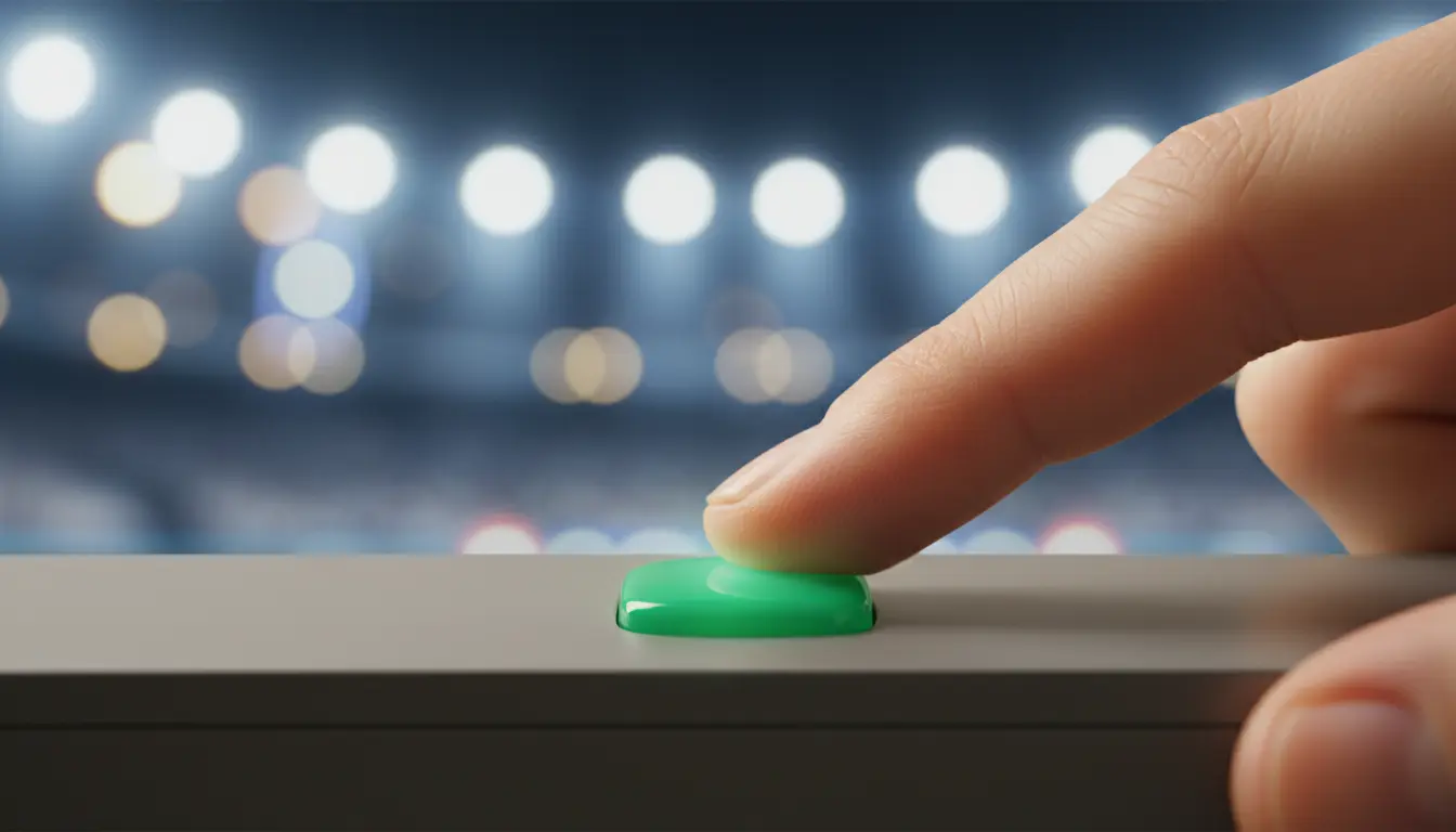 Mano che preme un pulsante su un telecomando, sfondo sfocato di uno stadio