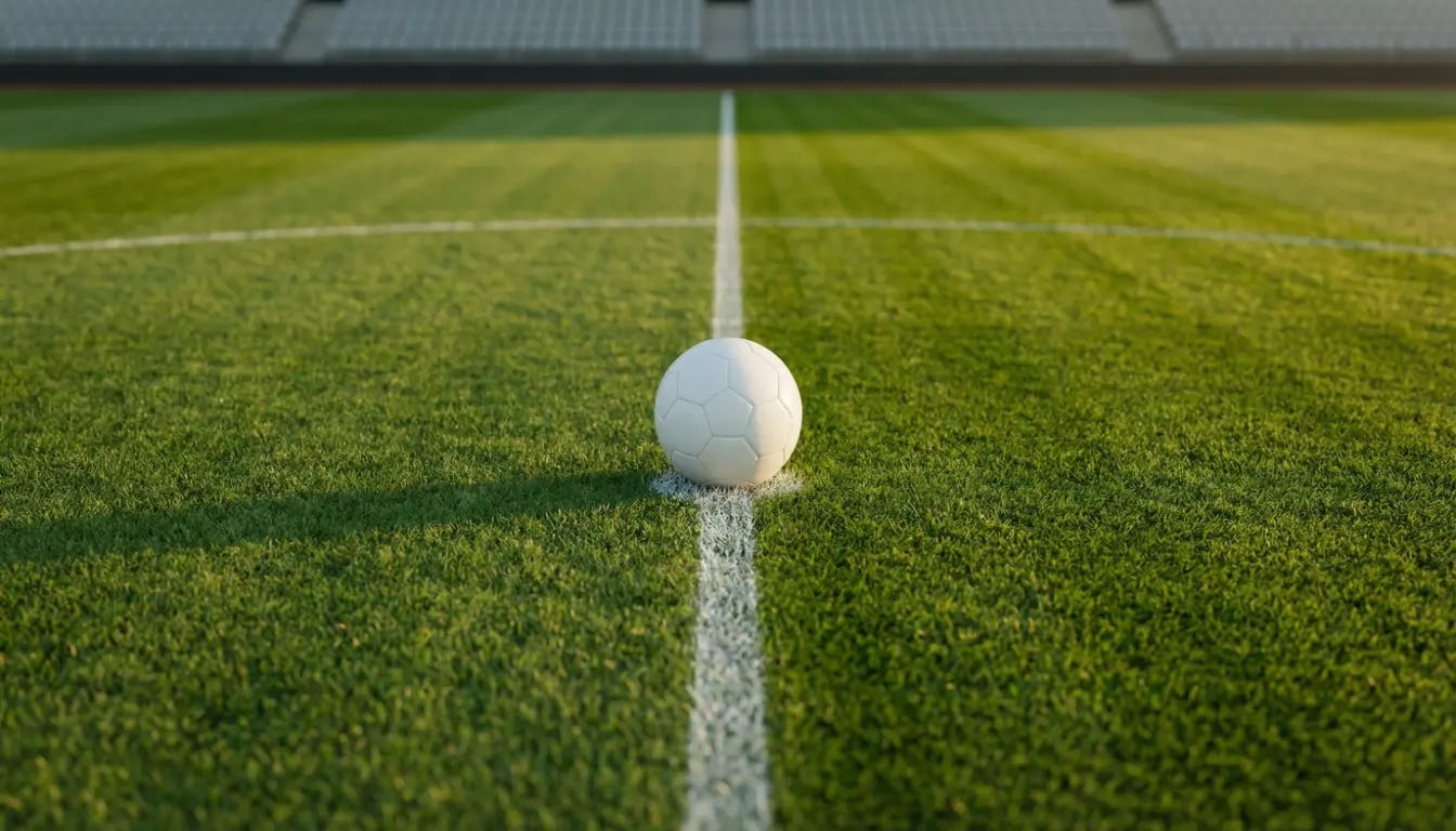 Pallone da calcio fermo sulla linea del centrocampo di uno stadio vuoto