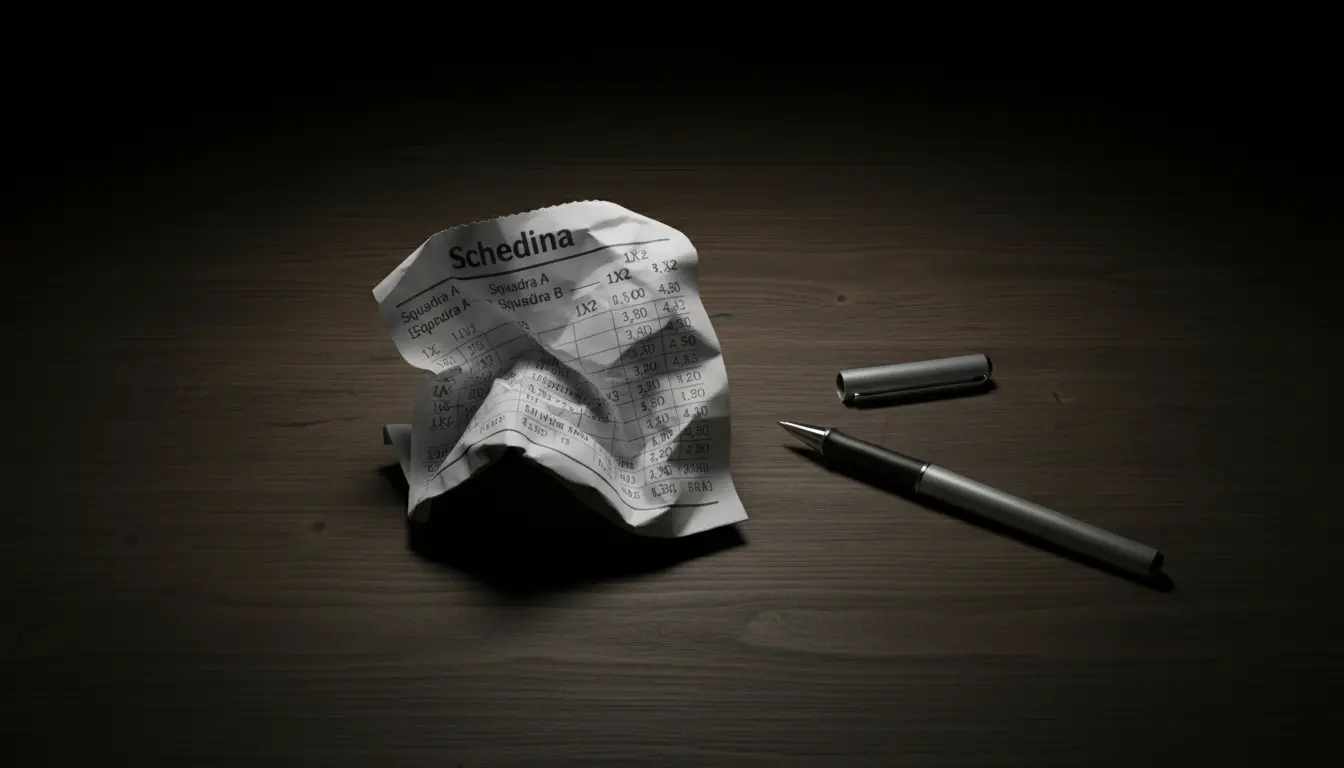 Schedina di scommesse accartocciata su un tavolo accanto a una penna