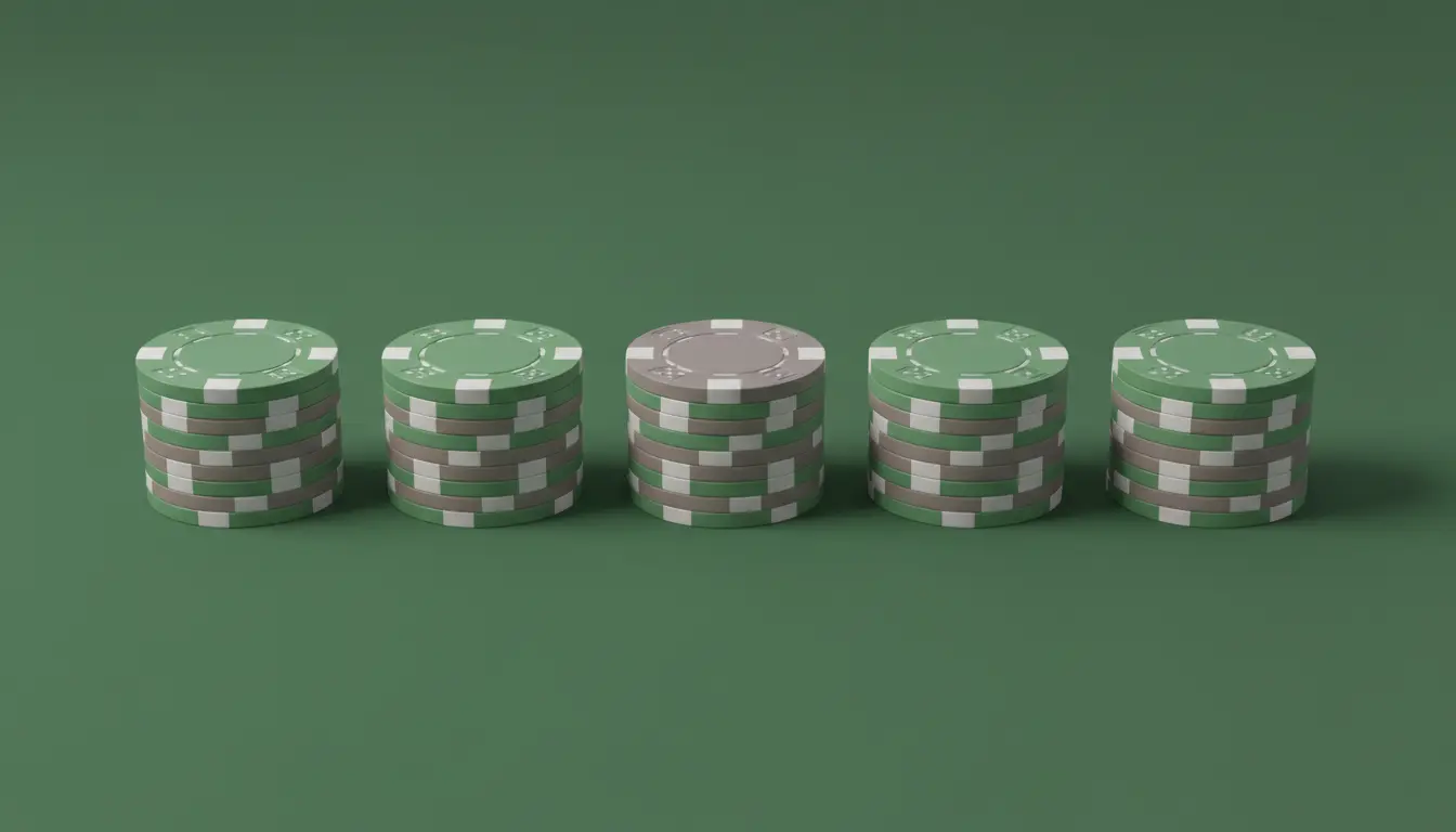 Fila di fiches impilate in colonne uguali su un tavolo verde