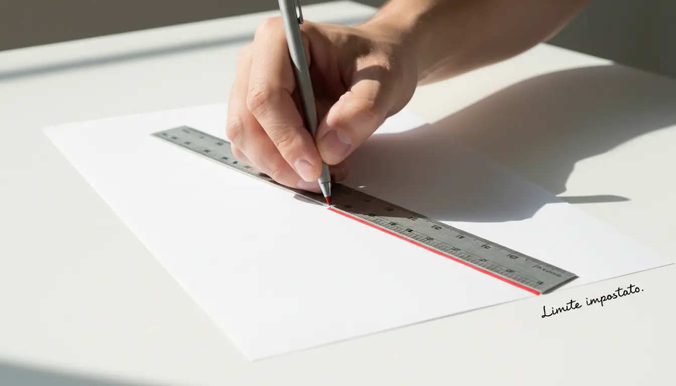 Mano che traccia una linea rossa su un foglio bianco con un righello