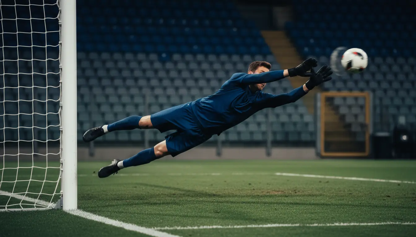 Portiere di calcio si tuffa per parare un tiro durante una partita