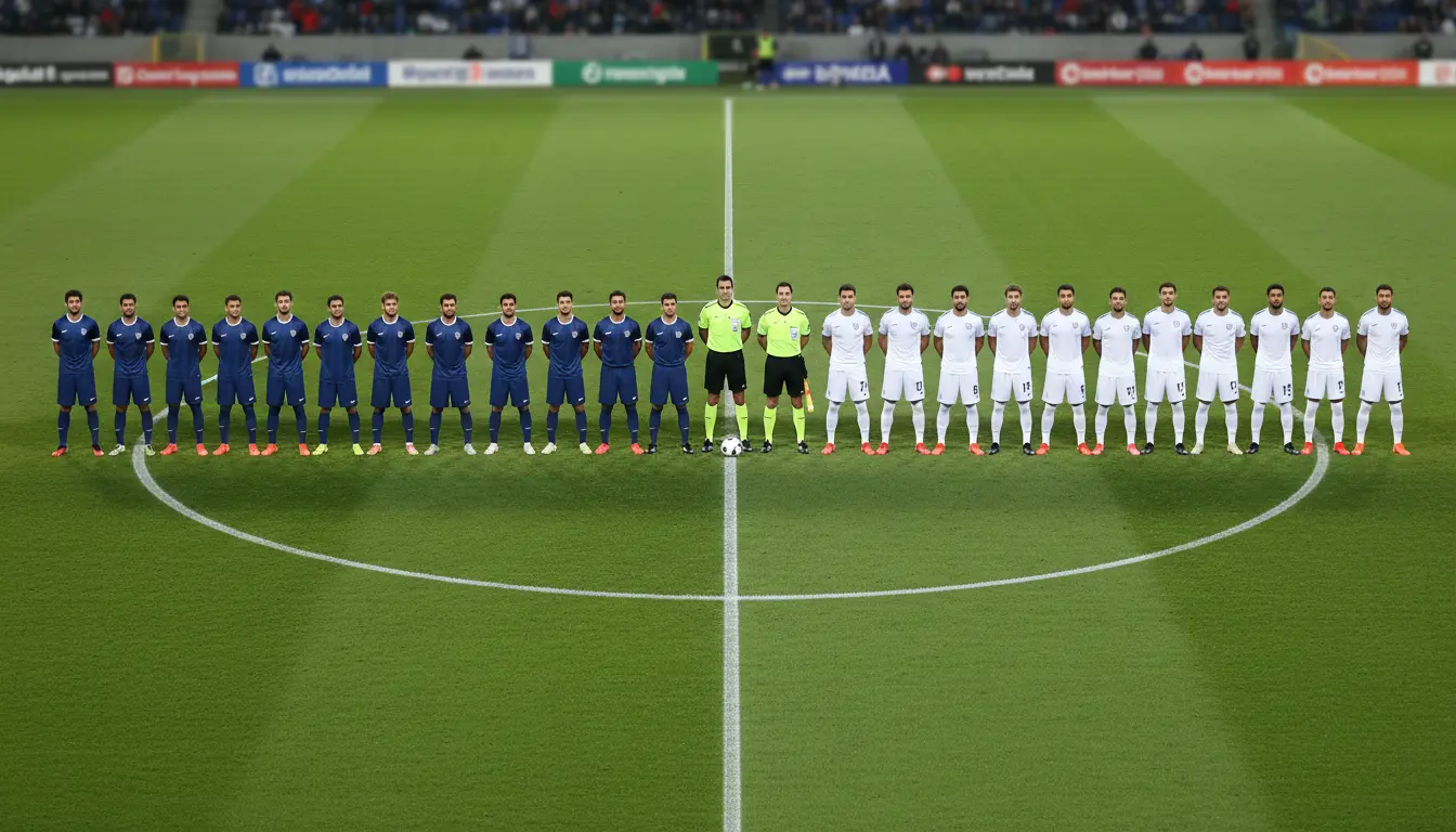 Due squadre di calcio schierate a centrocampo prima del fischio d'inizio