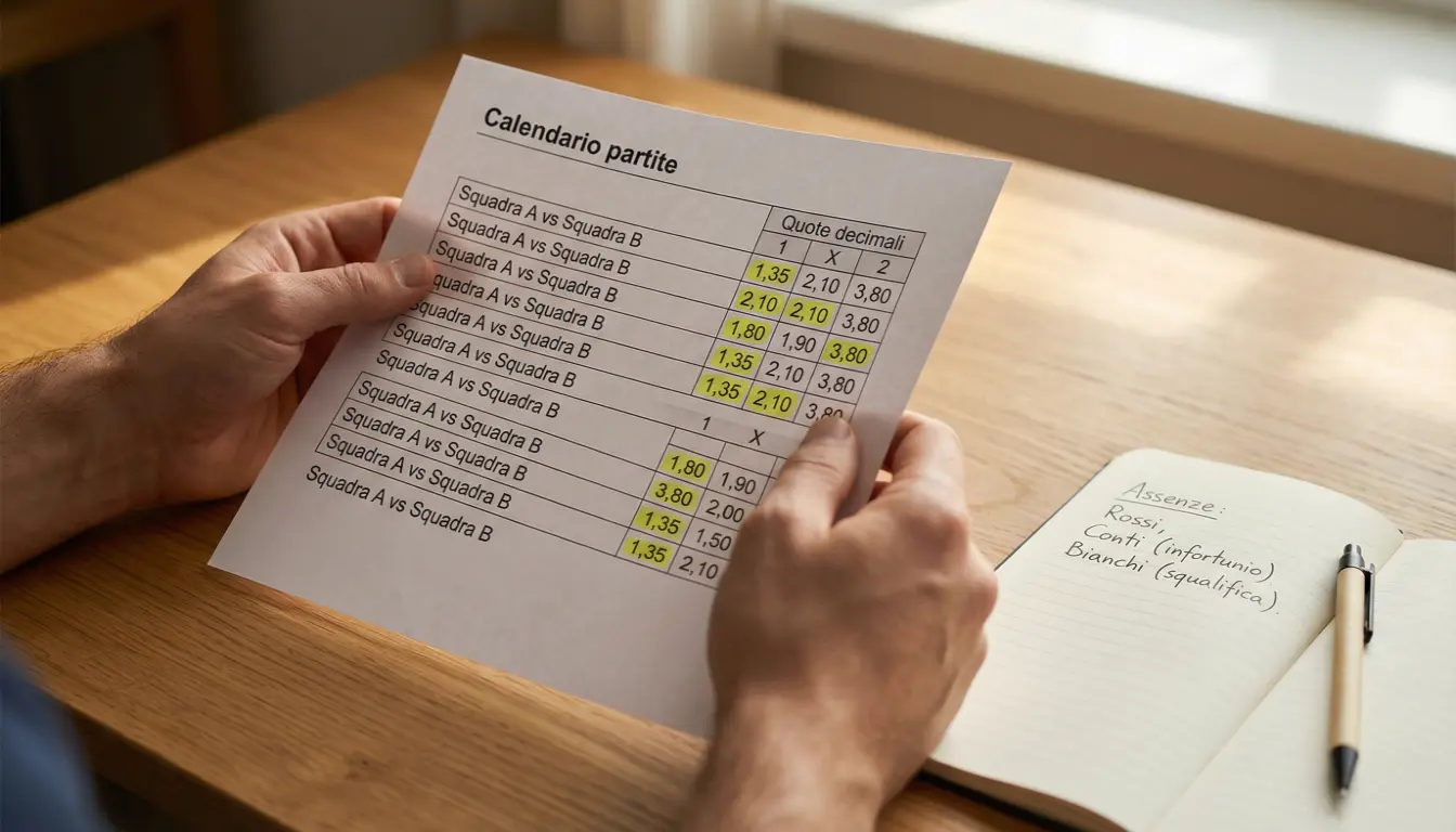 Uomo analizza le quote di una partita di calcio su un foglio con evidenziatore