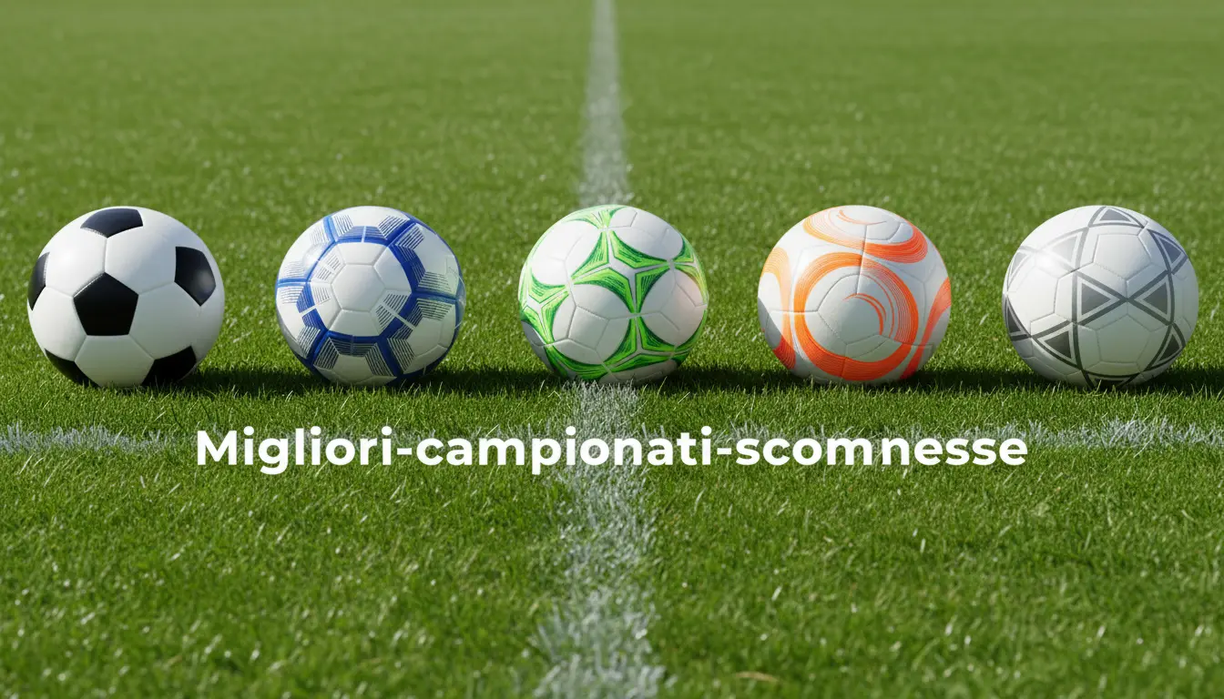 Cinque palloni da calcio diversi allineati su un campo verde
