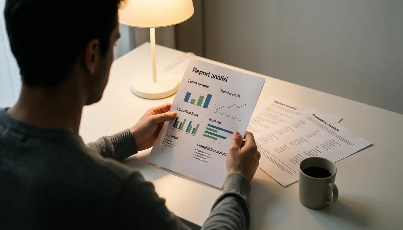 Persona seduta a una scrivania che legge un'analisi sportiva stampata