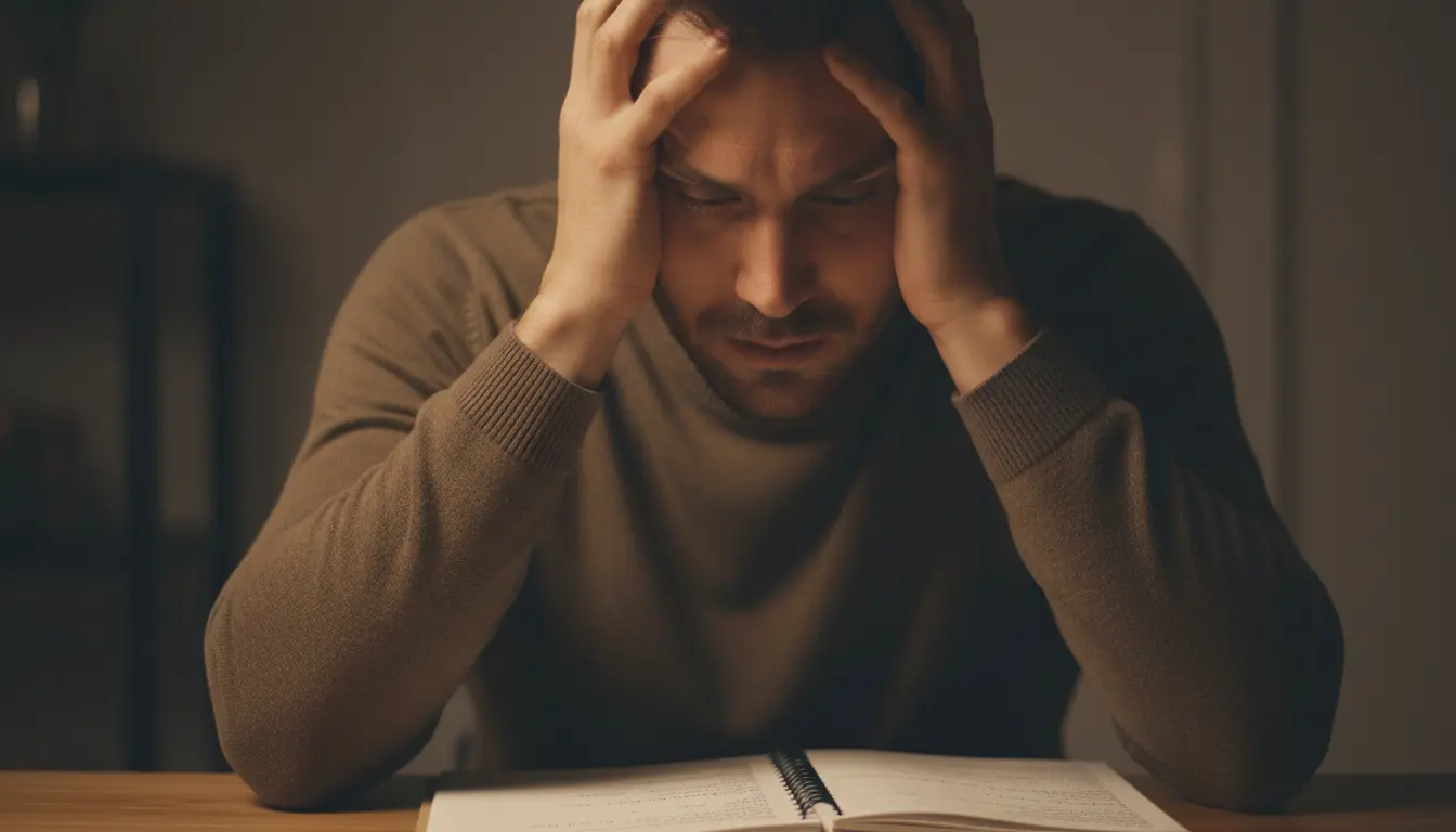 Primo piano di un uomo che si tiene la testa tra le mani, pensieroso