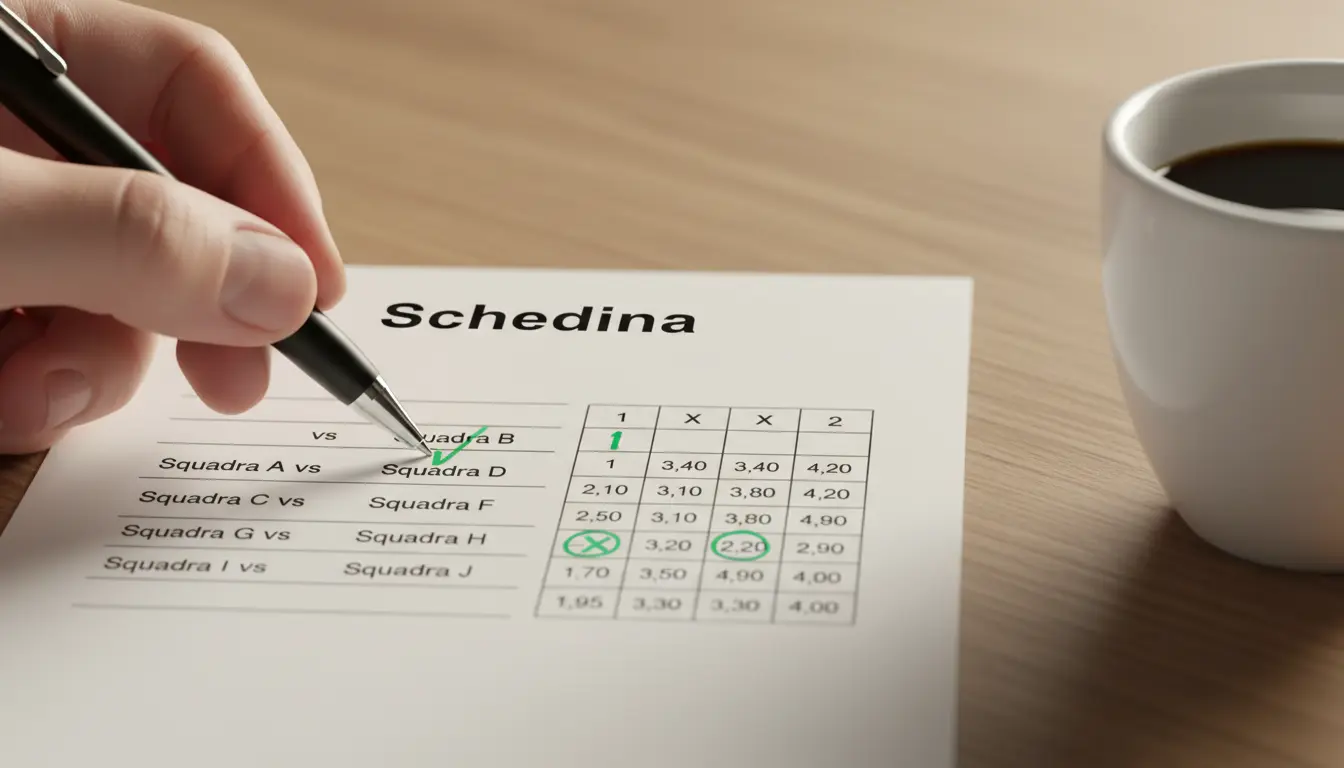 Mano che tiene una penna e compila una schedina di scommesse su un tavolo