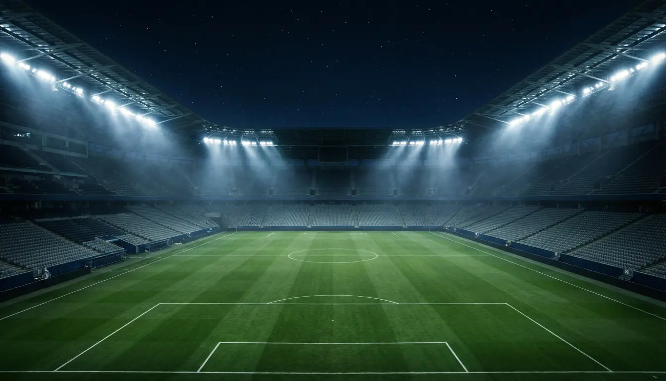Stadio di calcio europeo illuminato di notte con luci blu e atmosfera europea