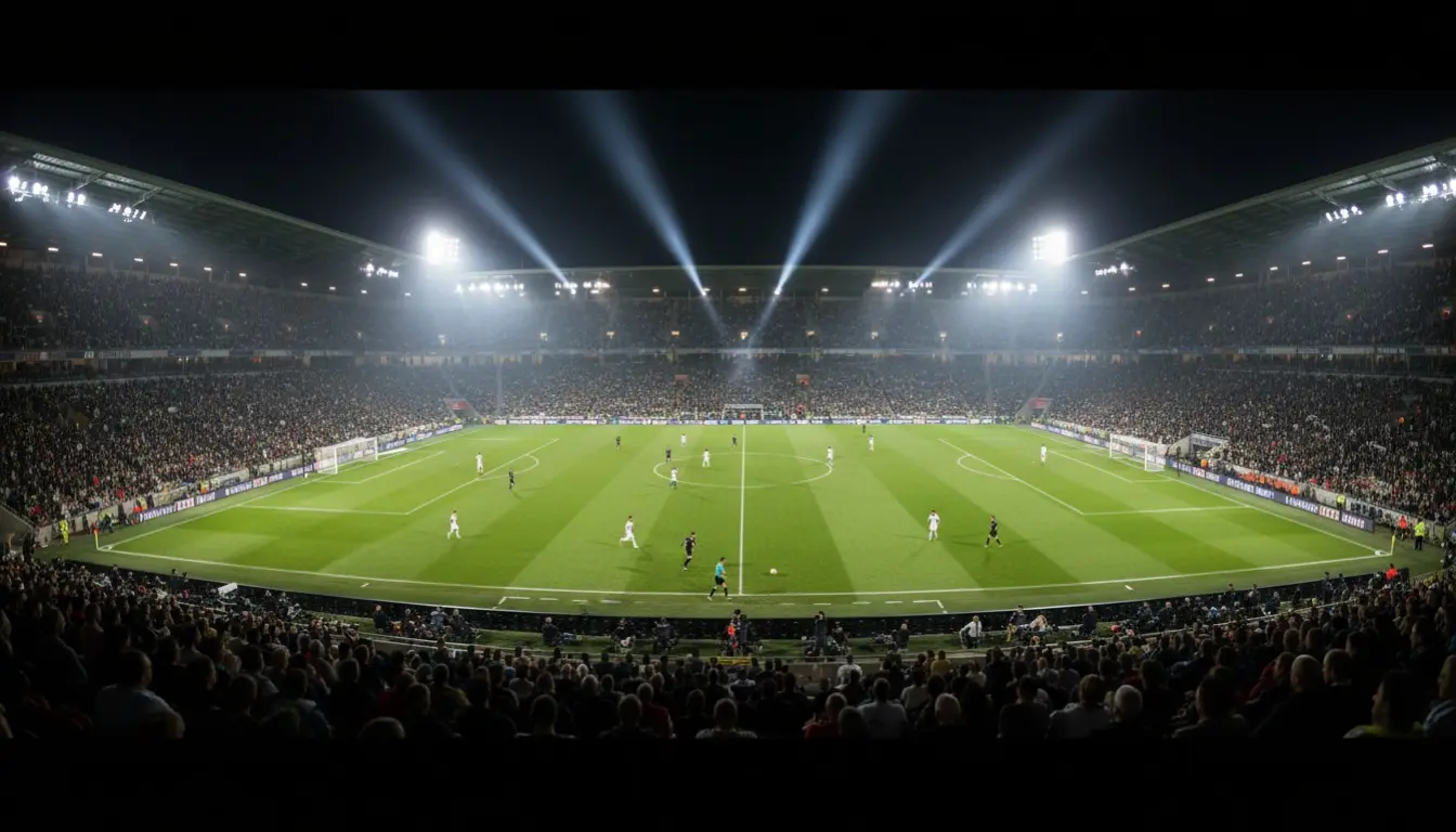 Stadio di calcio illuminato di notte durante una partita in corso