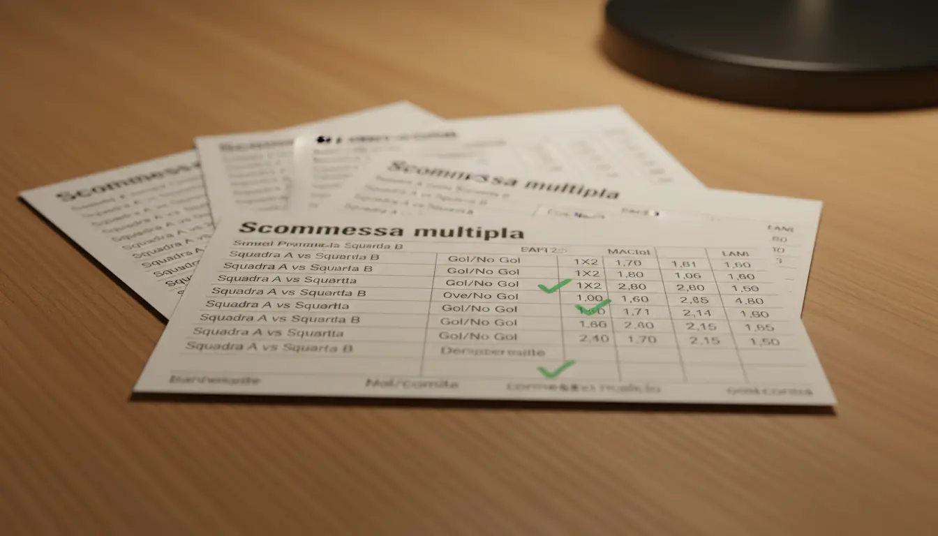 Diverse schedine di scommesse sovrapposte su un tavolo illuminato