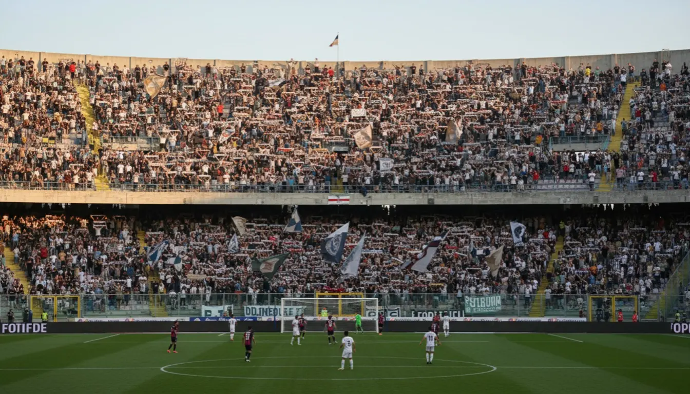 Panoramica di uno stadio di calcio italiano con la curva piena di tifosi