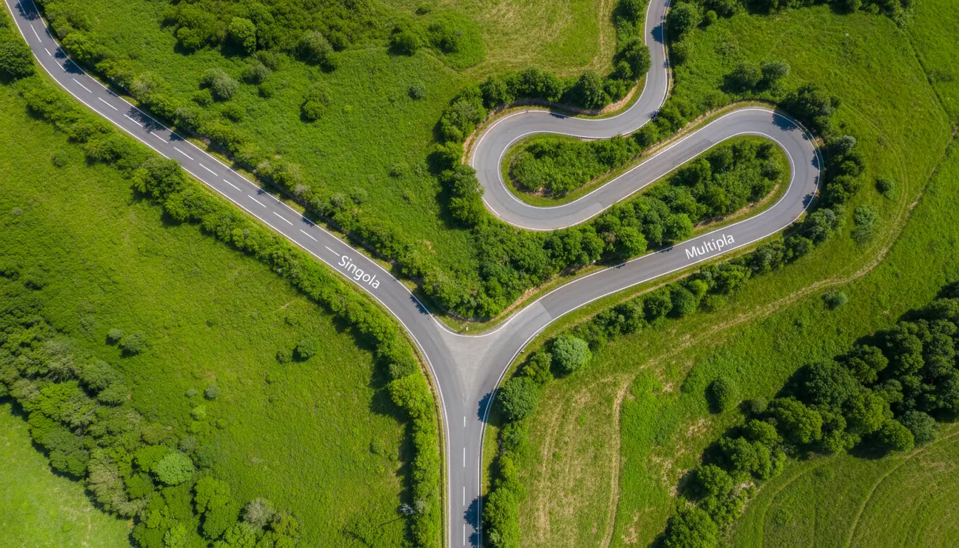 Due strade che si biforcano in un bivio, vista dall'alto