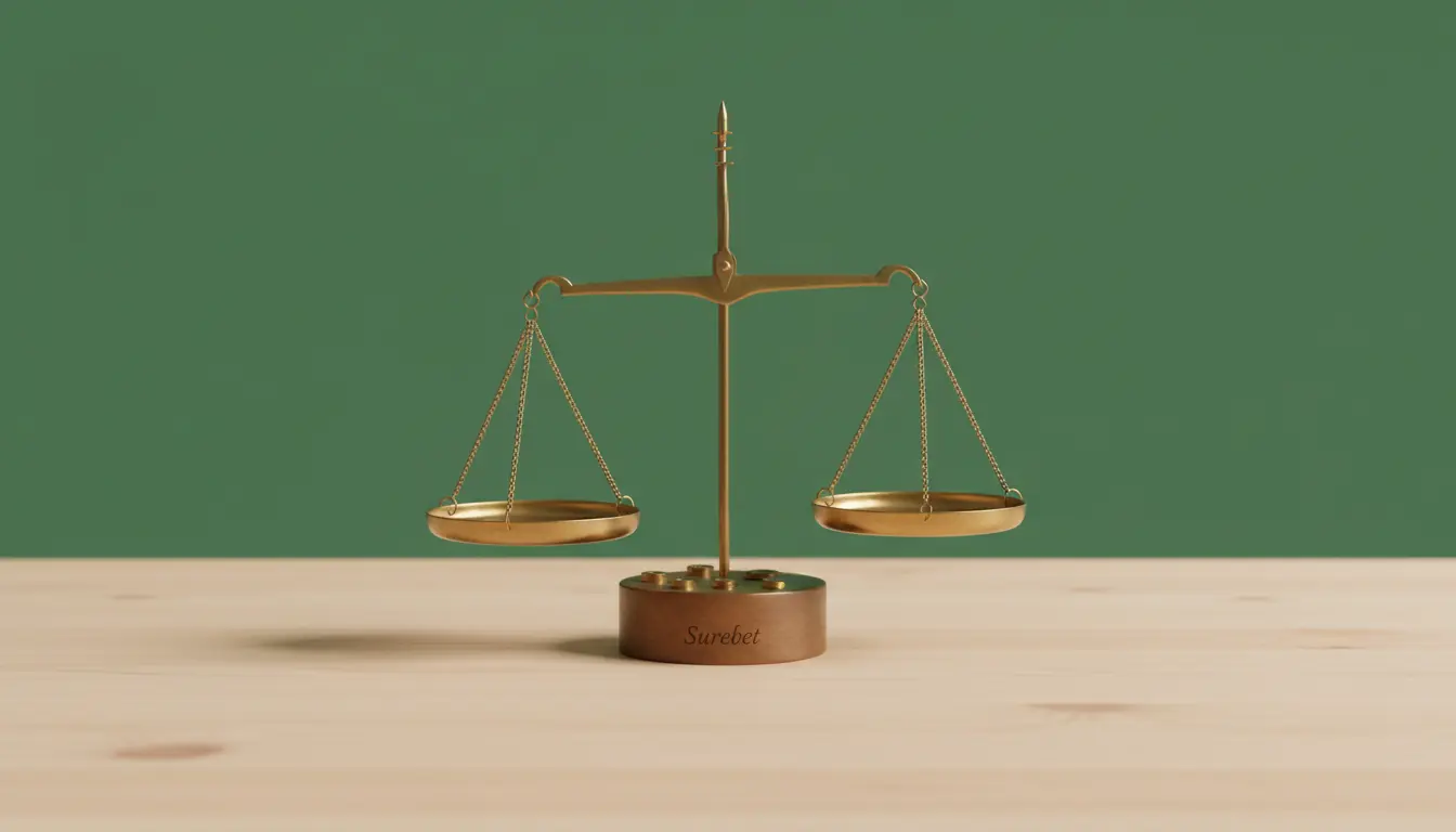 Bilancia in equilibrio perfetto su una scrivania con luce morbida