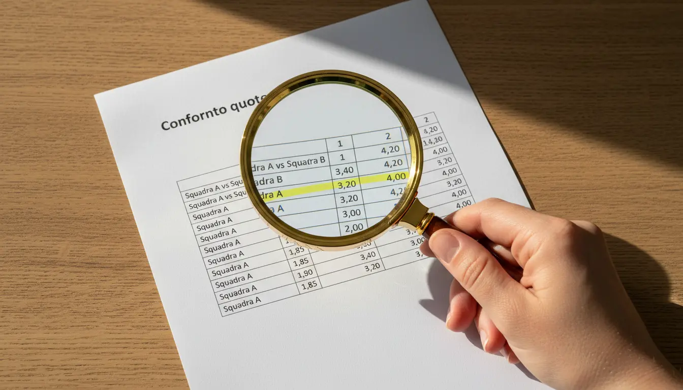 Lente di ingrandimento su un documento con quote di scommesse calcio